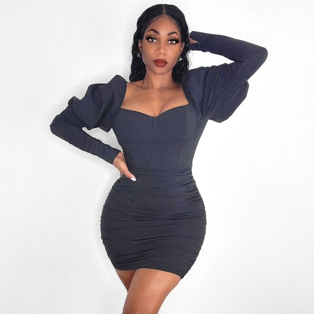 Black Corset Mini Puff sleeve Dress